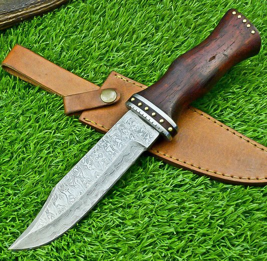 Damascus Steel Bowie Knife with Natural Wood Handle for Camping and Hunting