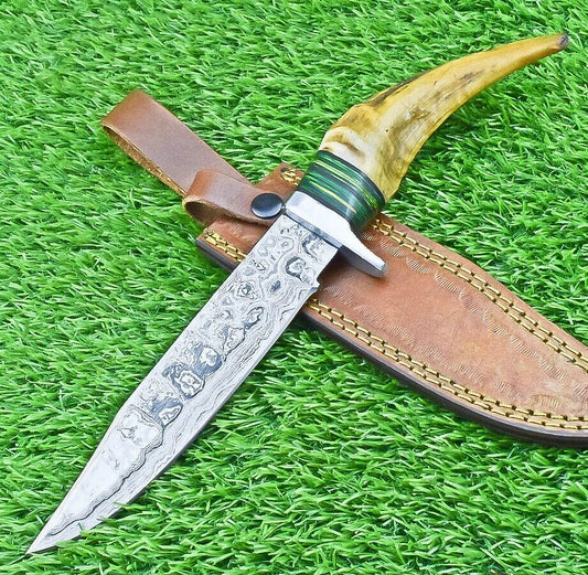 12 Inch Damascus Steel Bowie Knife with Ram Horn and Wood Handle