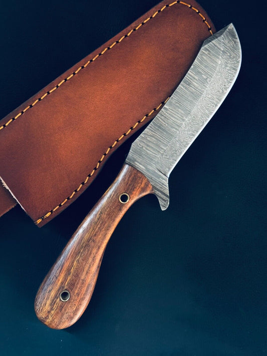 Damascus Steel Bull Cutter Knife 9" Handmade Bull Cutter Knife with Wood Handle