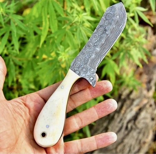 Damascus Steel Bull Cutter Knife Custom Handmade Hunting Bull Cutter with Camel Bone Handle 