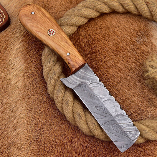 Damascus Steel Bull Cutter Knife Custom Handmade Hunting Bull Knife with Wood Handle