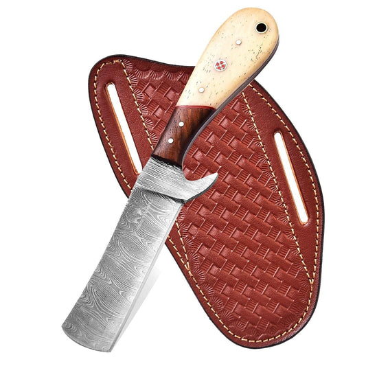 Damascus Steel Bull Cutter Knife Custom Handmade Hunting Bull Knife with Wood and Bone Handle