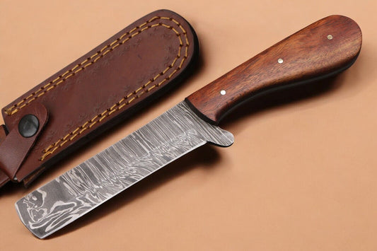 Damascus Steel Bull Cutter Knife Full Tang Custom Bull Cutter Knife With Wood Handle