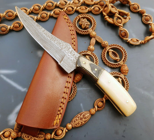Damascus Steel Bushcraft Skinner Hunting Knife with Camel Bone and Wood Handle – 8 Inch Handmade Blade with Leather Sheath