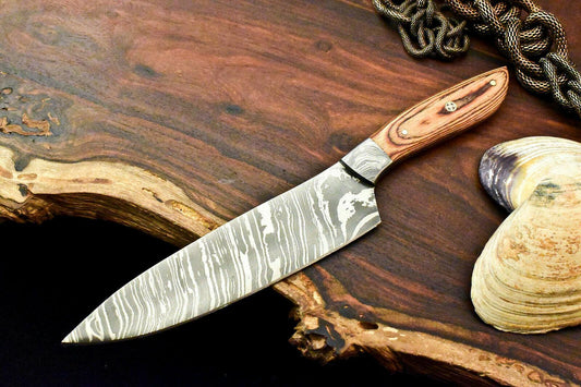Damascus Steel Chef Knife | 12" Full Tang Kitchen Knife with Hardwood Handle