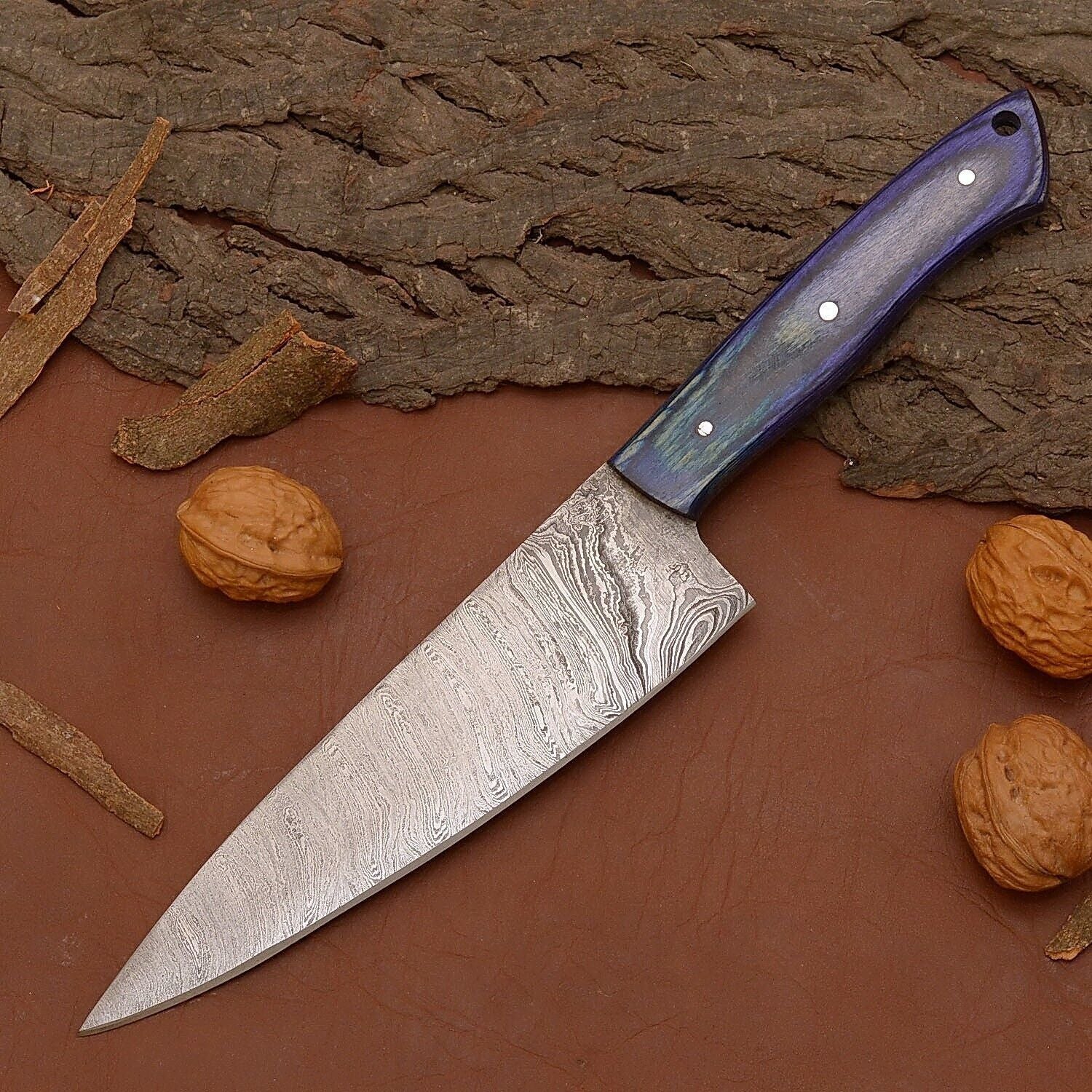  Damascus Steel Chef Knife | 12" Kitchen Knife with Wood Handle & Leather Sheath