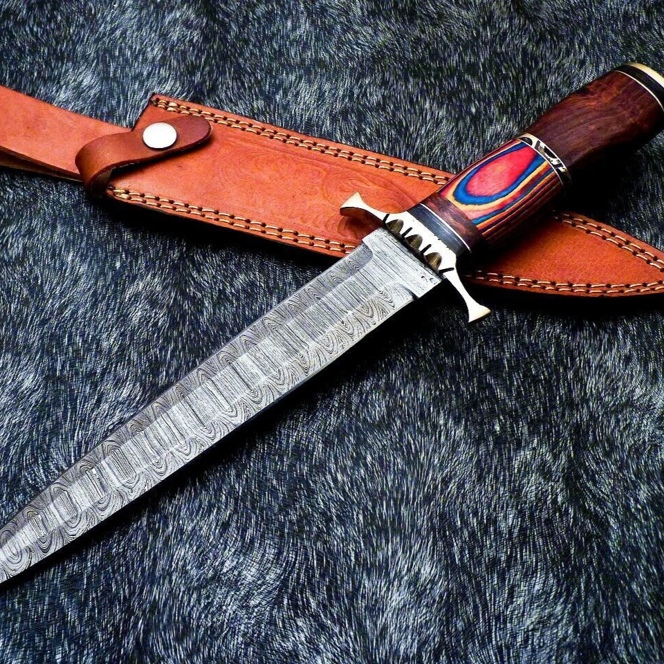 Damascus Steel Dagger Bowie Knife – 14 Inch Handmade Hunting Blade with Natural Wood Handle