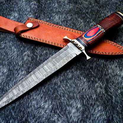 Damascus Steel Dagger Bowie Knife – 14 Inch Handmade Hunting Blade with Natural Wood Handle