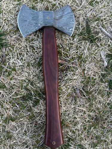 Damascus Steel Double Head Axe with Cocobolo Wood Handle and Leather Sheath – Outdoor Survival Hatchet