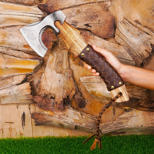 Damascus Steel Hand Forged Odin’s Viking Axe Bearded Battle Axe for Camping with Leather Sheath