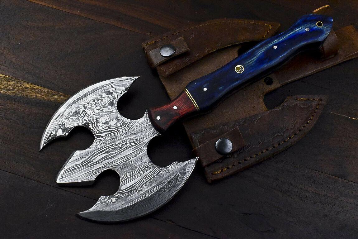 Handmade Damascus Steel Hard Wood Clever Chopper Axe Knife with Leather Sheath