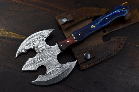 Handmade Damascus Steel Hard Wood Clever Chopper Axe Knife with Leather Sheath