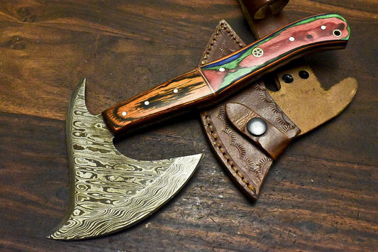 Handmade Damascus Steel Hard Wood Hunting Clever Chopper Axe Knife with Leather Sheath