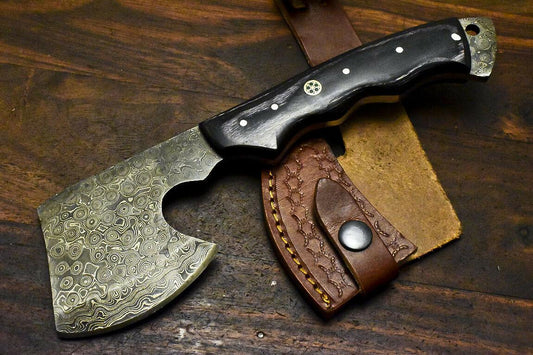  Damascus Steel Hardwood Hunting Clever Chopper Axe Knife with Leather Sheath