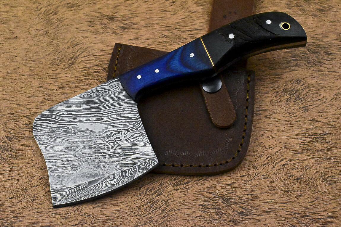 Handmade Damascus Steel Hunting Axe Knife Ram's Horn Handle Clever Chopper with Leather Sheath