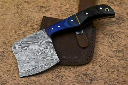 Handmade Damascus Steel Hunting Axe Knife Ram's Horn Handle Clever Chopper with Leather Sheath