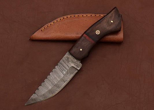 Damascus Steel Hunting Skinner Knife with Pakka Wood Handle and Wooden Bolster – 8 Inch Outdoor Blade with Leather Sheath
