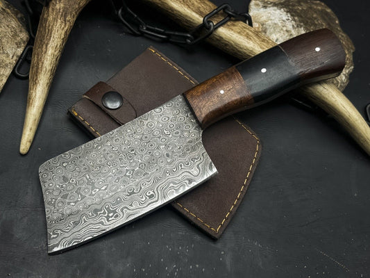 Damascus Steel Kitchen Chef Cleaver Knife – Resin Handle with Cowhide Sheath