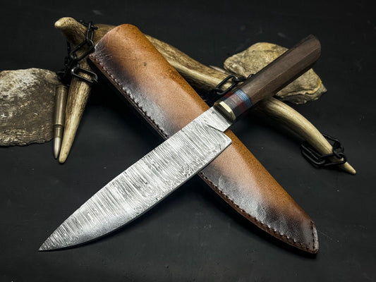  Damascus Steel Kitchen Chef EDC Knife – Wood Handle with Cow Leather Sheath