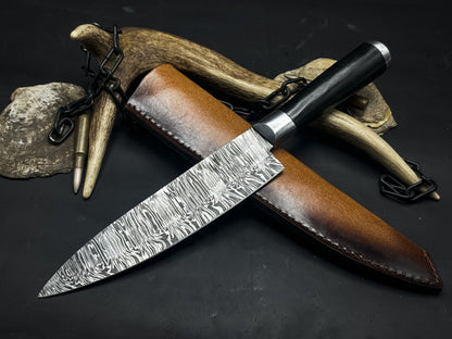 Damascus Steel Kitchen Chef EDC knife Wood Handle, Cow Leather Sheath