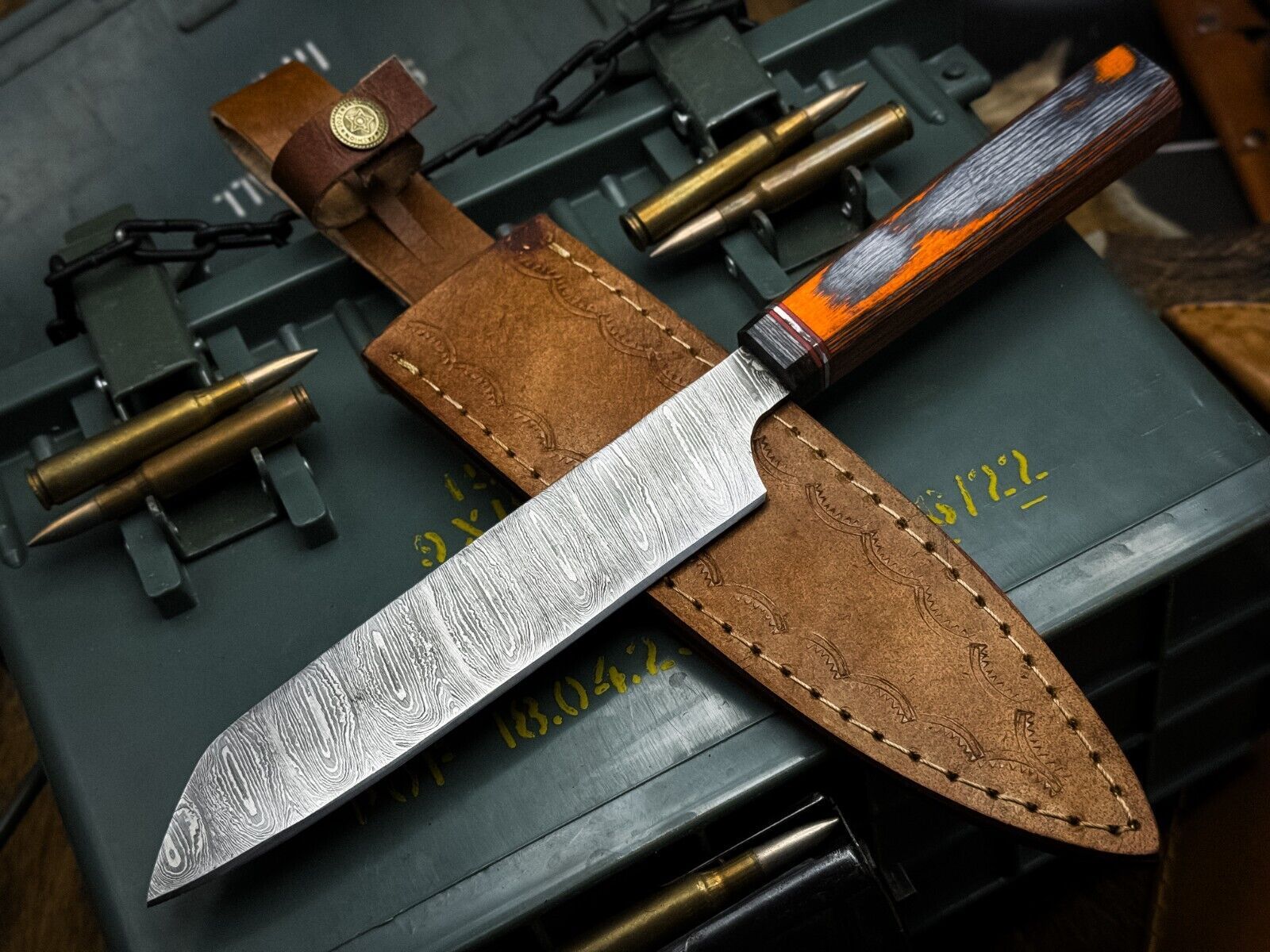  Damascus Steel Kitchen Chef Knife with Wood Handle & Cow Leather Sheath