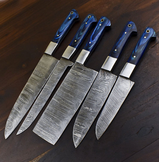 Damascus Steel Kitchen Knife Set – 5 Piece Fixed Blade Chef Knives with Hardwood Handles