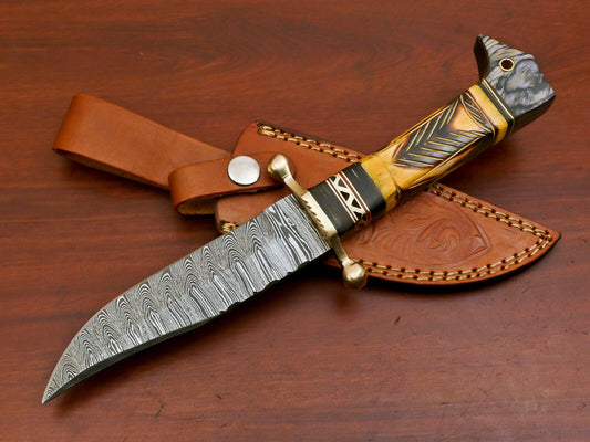 Damascus Steel Knife with Camel Bone and Pakka Wood Handle Full Tang Blade