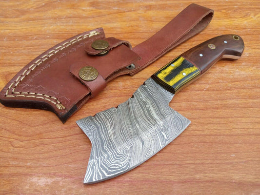 Handmade Damascus Steel Mini Hunting Axe Knife with Wood Handle and Leather Sheath