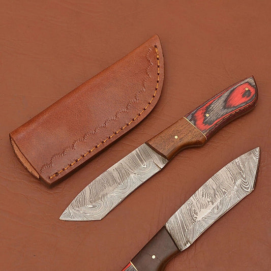 Damascus Steel Skinner Knife Wood Handle for Camping and Hunting with Sheath