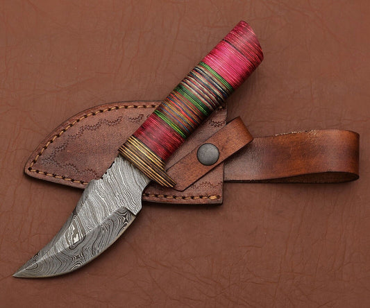 Damascus Steel Skinner Knife with Pakka Wood Handle and Leather Sheath