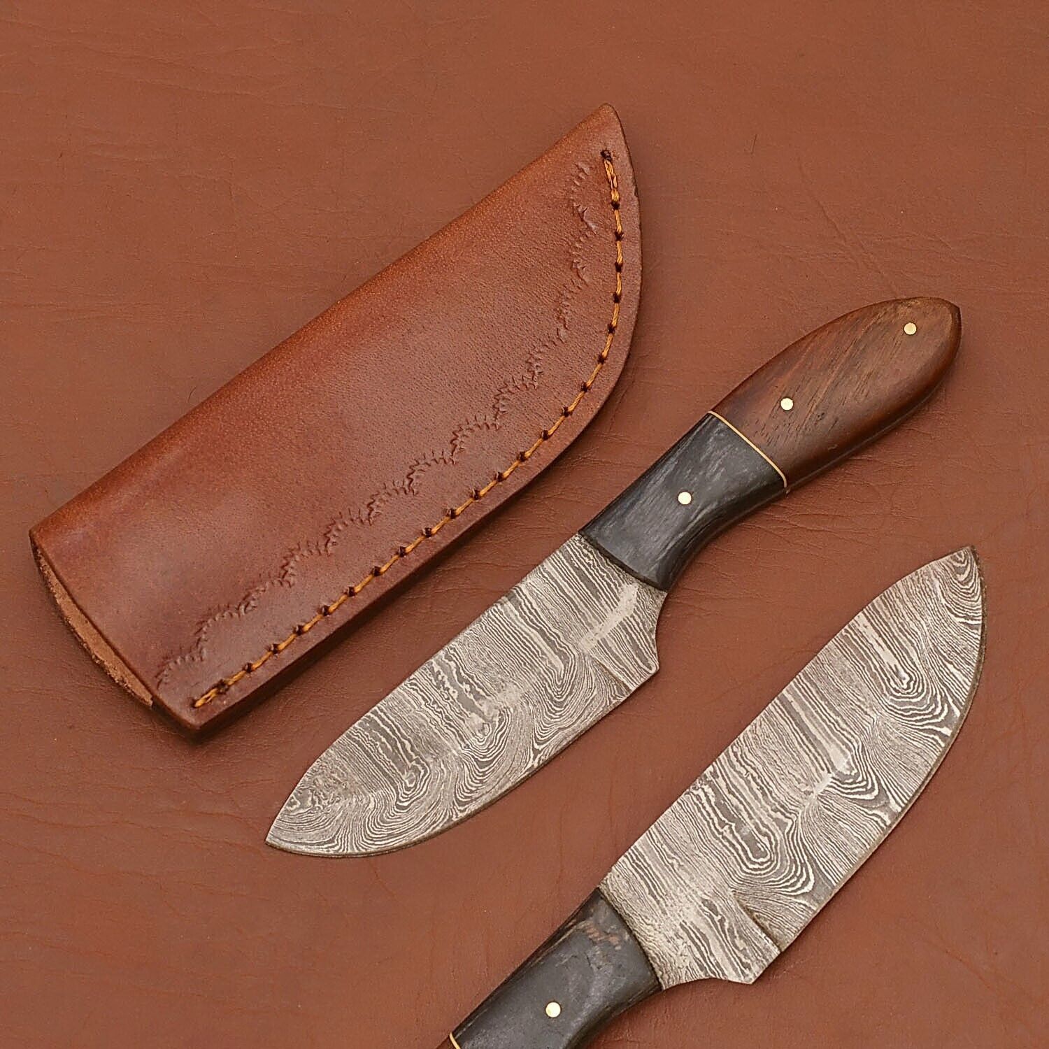   Damascus Steel Skinner Knife with Wood Handle for Hunting Camping and Survival