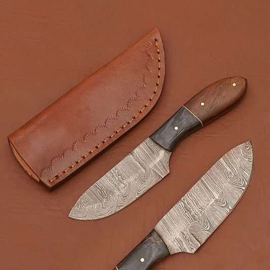   Damascus Steel Skinner Knife with Wood Handle for Hunting Camping and Survival