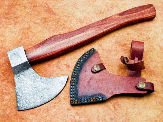 Handmade Damascus Steel Tomahawk Axe 16-Inch with Natural Wood Handle and Leather Sheath