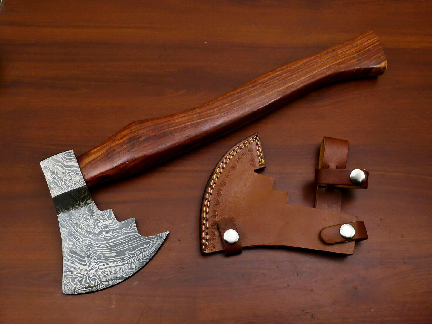   Damascus Steel Tomahawk Axe Hatchet with Walnut Wood Handle and Leather Sheath