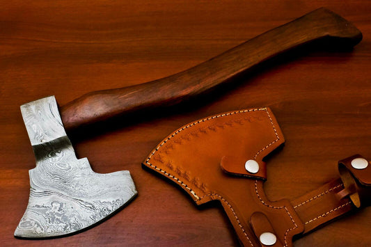 Handmade Damascus Steel Tomahawk Hatchet Axe with Walnut Handle and Leather Sheath – 15 Inch