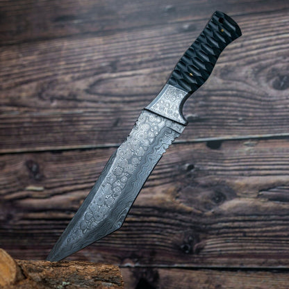 Damascus Steel Tracker Bowie Knife – 10” Handmade Fixed Blade with Black Bone Handle