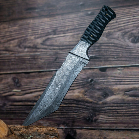 Damascus Steel Tracker Bowie Knife – 10” Handmade Fixed Blade with Black Bone Handle