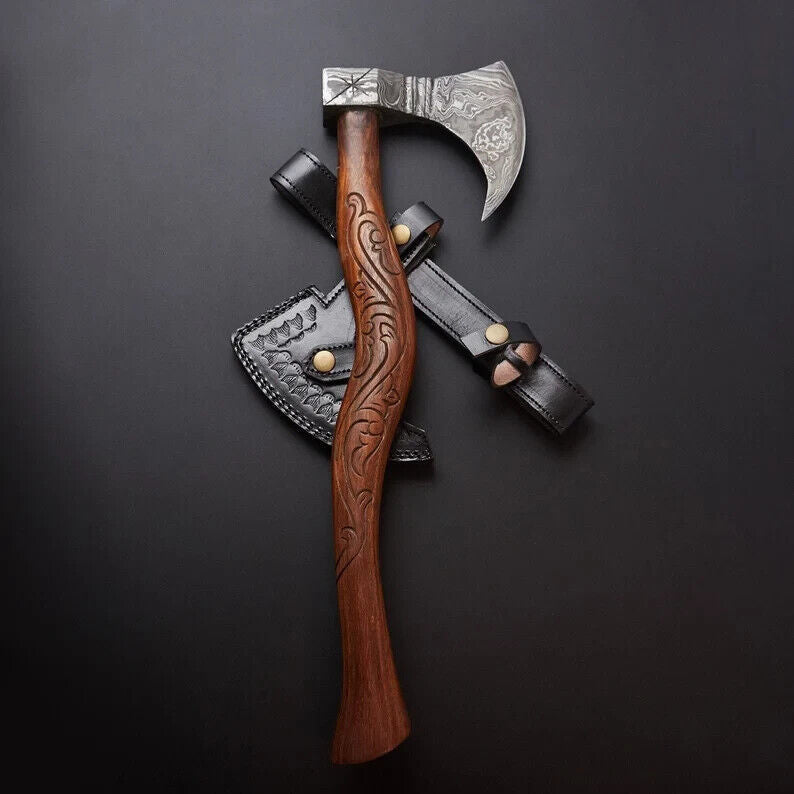 Damascus Steel Viking Axe | Custom Handmade Gift Axe with Rose Wood Handle and Leather Sheath