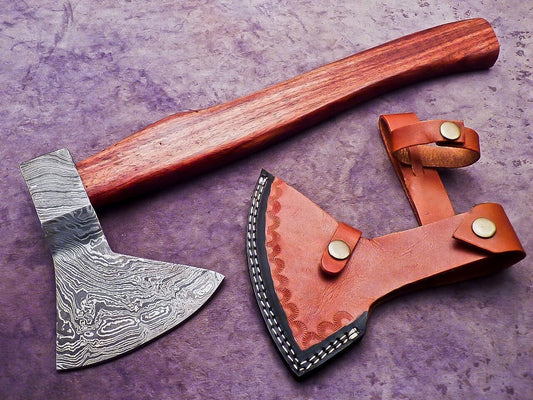 Handmade Damascus Steel Axe Unique Limited Edition with Natural Wood Handle and Leather Sheath
