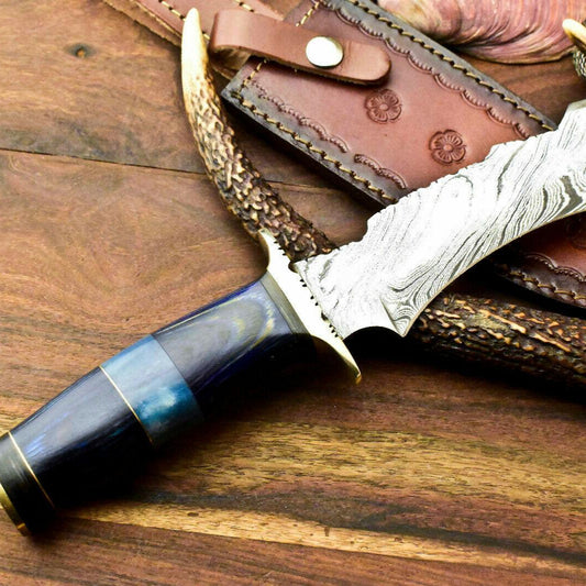 Desert Fang 13.5 Inch Damascus Bowie Knife | Camel Bone Handle with Leather Sheath