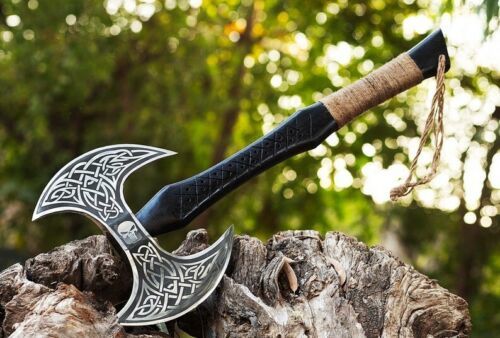Double Head Handmade Viking Axe Engraved Carbon Steel with Black Ash Wood Handle 25 Inch