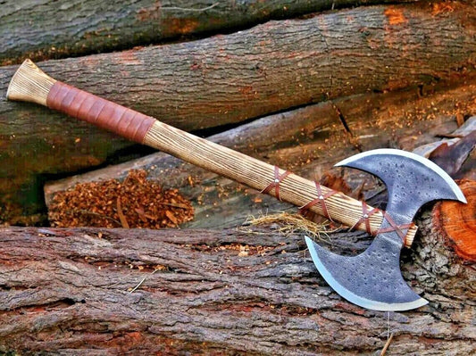 Double Headed Viking Battle Axe Hand Forged Carbon Steel with Ash Wood Handle and Leather Sheath
