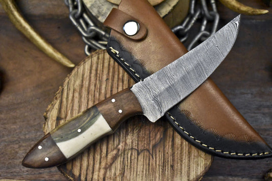Edge Forged Twist Damascus Skinner Knife with Corian Handle and Wooden Bolster – Custom EDC Hunting Knife

