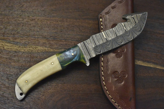Edge Hand Forged 9 Inch Skinner Knife Twist Damascus Bone Handle w/ Gut Hook & Leather Sheath