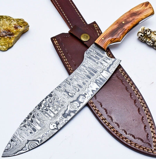 Entire World Handmade Damascus Steel Chef Knife with Olive Wood Handle & Leather Sheath