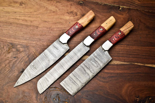 Exclusive Custom Handmade 3-Piece Damascus Steel Chef Knife Set with 384 Layers