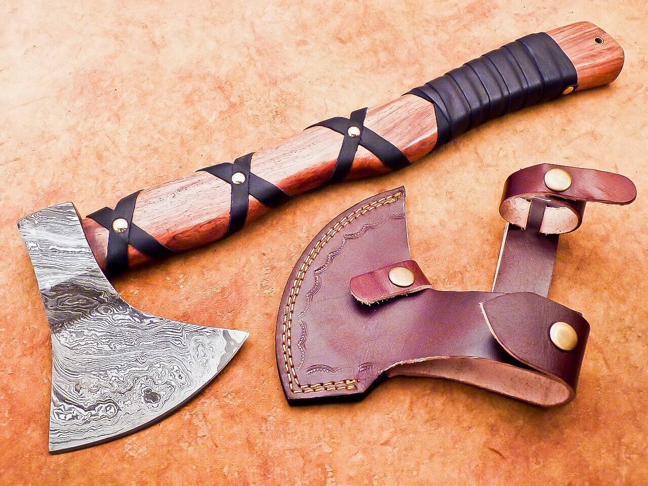 Exclusive Handmade Damascus Steel Battle Axe with Natural Wood Handle and Leather Sheath