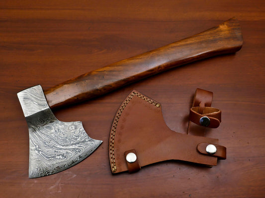 Exclusive Handmade Damascus Steel Tomahawk Axe with Walnut Handle and Leather Sheath