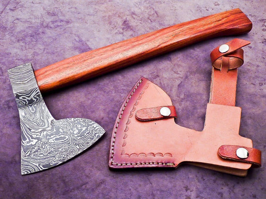 Exclusive Handmade Damascus Steel Viking Axe with Natural Wood Handle and Leather Sheath