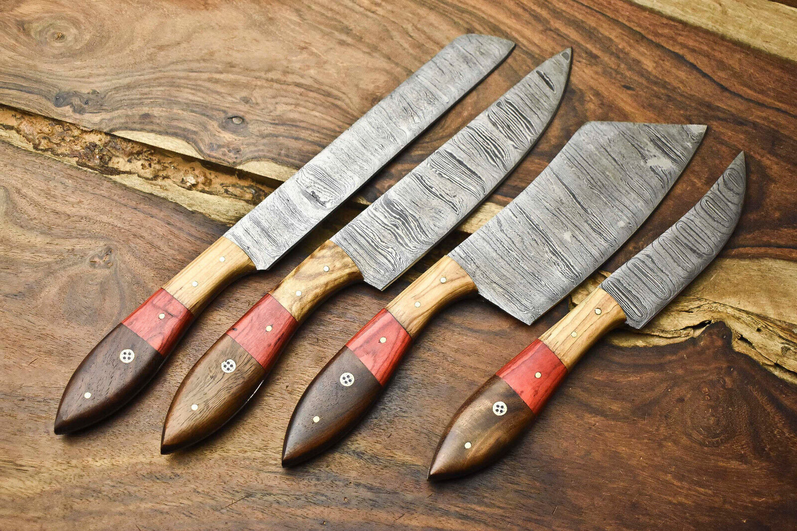 Exclusive Lot of 4 Artisan Handmade Damascus Steel Chef Knives with Signature Layered Blades